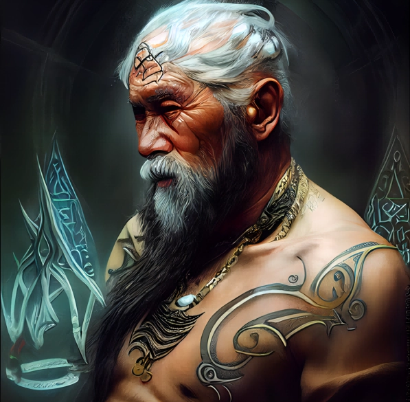 Alter stark taetowierter asiatischer Krieger mit leuchtenden Runen