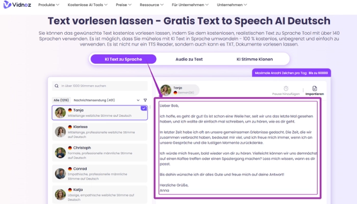 Brief vorlesen mit Vidnoz Text Vorleser