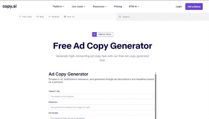 Copy.ai - Kostenlose Anzeigenkopie erstellen