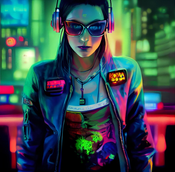 Cyberpunk Maedchen in Jacke und Sonnenbrille