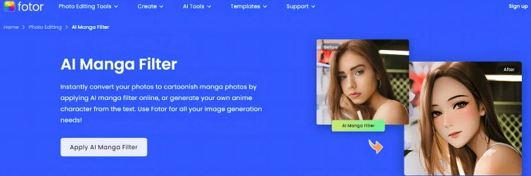 Fotor Bild-zu-Manga-Generator, der sowohl für Mobilgeräte als auch für Desktops verfügbar ist.