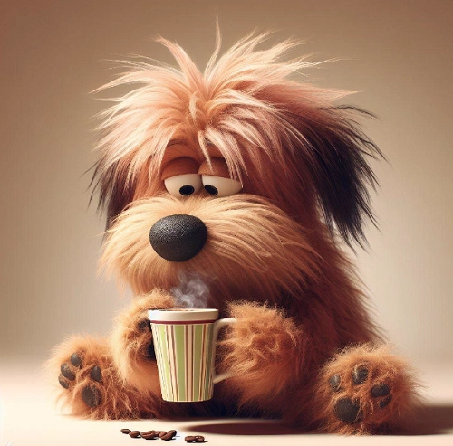 Ein pelziger Hund trinkt einen Kaffee im Pixar-Stil