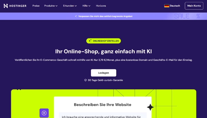Hostinger online shop mit ki erstellen