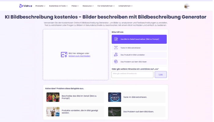 KI online shop erstellen Vidnoz KI Bildbeschreibung Generator