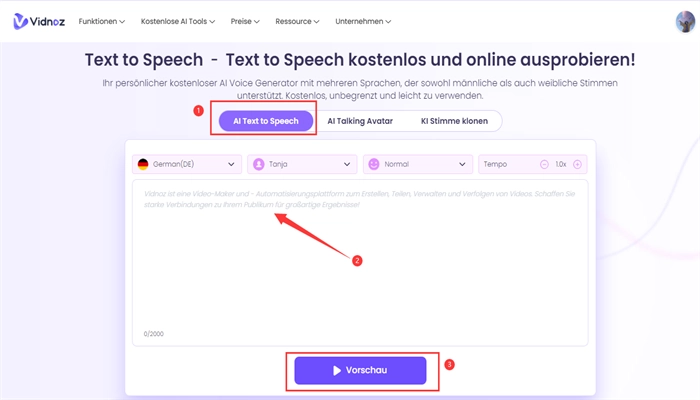 ki sprachausgabe mit vidnoz ai text to speech