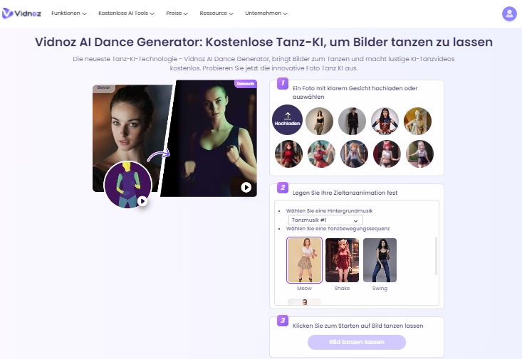 KI-Tanzvideo erstellen mit Vidnoz AI Dance Generator