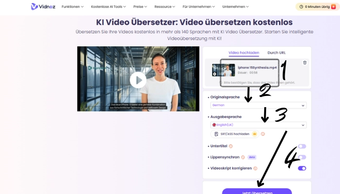 KI zum Lernen Vidnoz KI Video uebersetzer