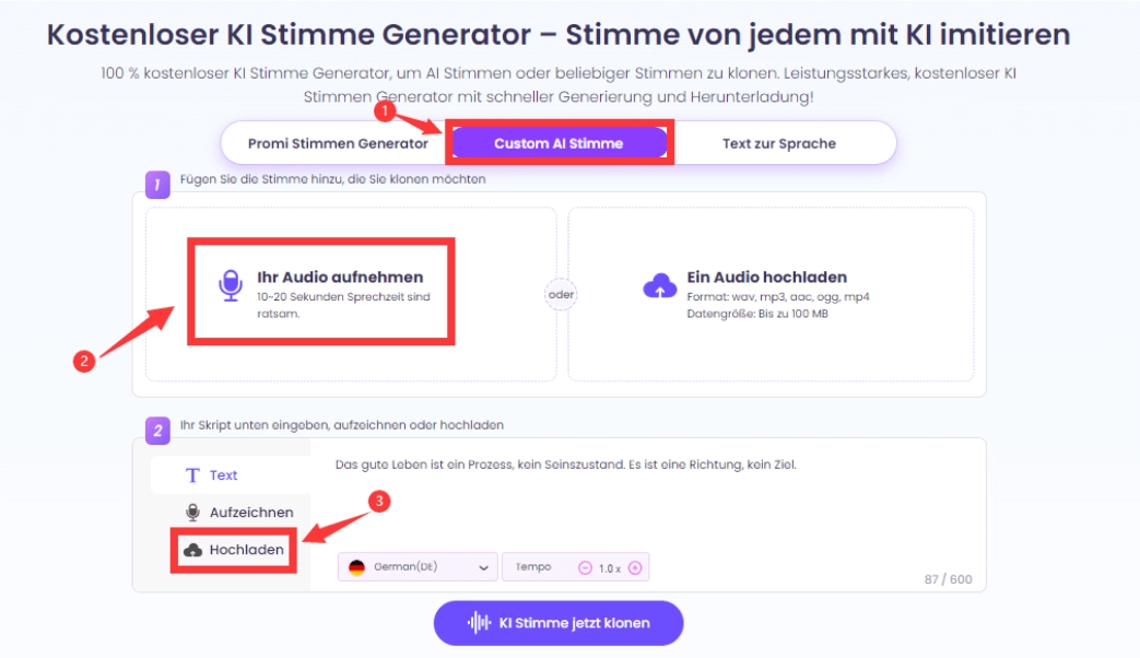 klicken sie auf custom ai stimme