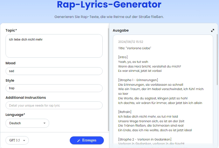 kostenloser KI-Deutsch-Songtext-Generator von aichatting