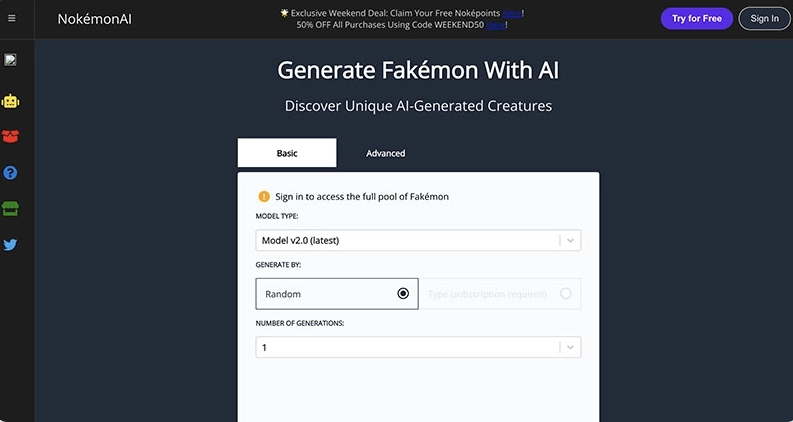 Nokemon ist eine Pokemon AI Generator Website mit der Sie Pokemon Karten kostenlos online erstellen können