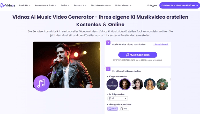 mit Vidnoz KI Musik Video Generator Karaoke Video erstellen