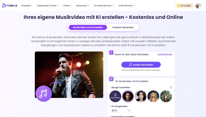 Musikvideo aus Audio erstellen - Vidnoz KI Musikvideo Generator