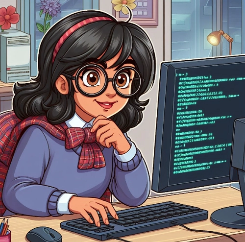 ein nerdiger Programmierer, der an einem Computer im Stil von Hanna Barbera arbeitet