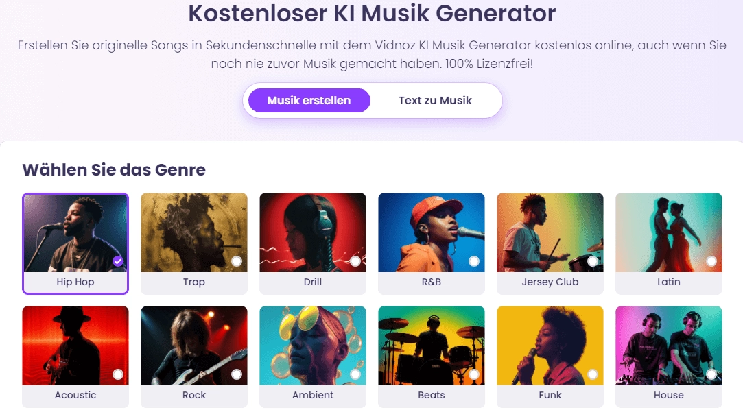 Rap-Musik kostenlos erstellen mit dem Vidnoz KI-Musik-Generator