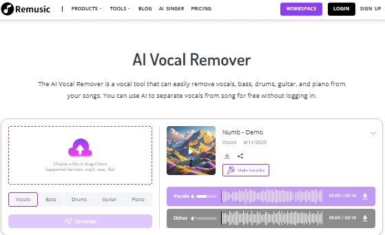 Remusic AI: Stimme von Musik trennen​ und dann Hintergrund-Musik entfernen ohne Anmeldung