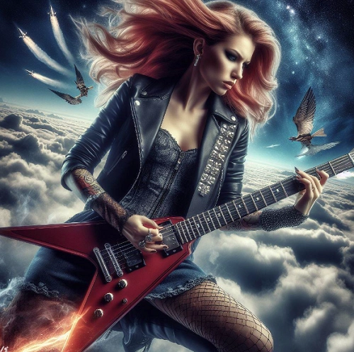 Rocker Frau spielt eine fliegende V-Gitarre im Fotorealismus