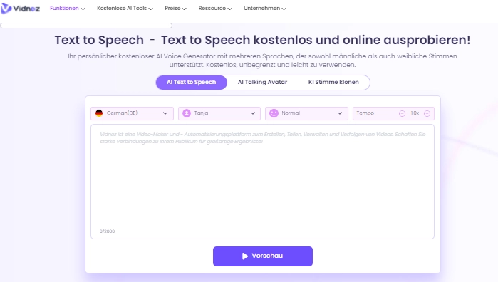 Text to Speech von Vidnoz