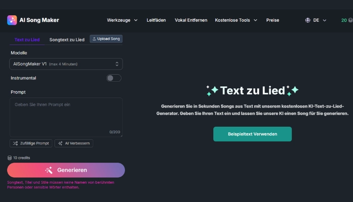 text zu lied mit ai song maker