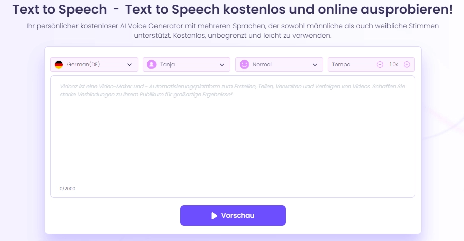 Vidnoz AI - Deutsche Online-Text-to-Speech kostenlos