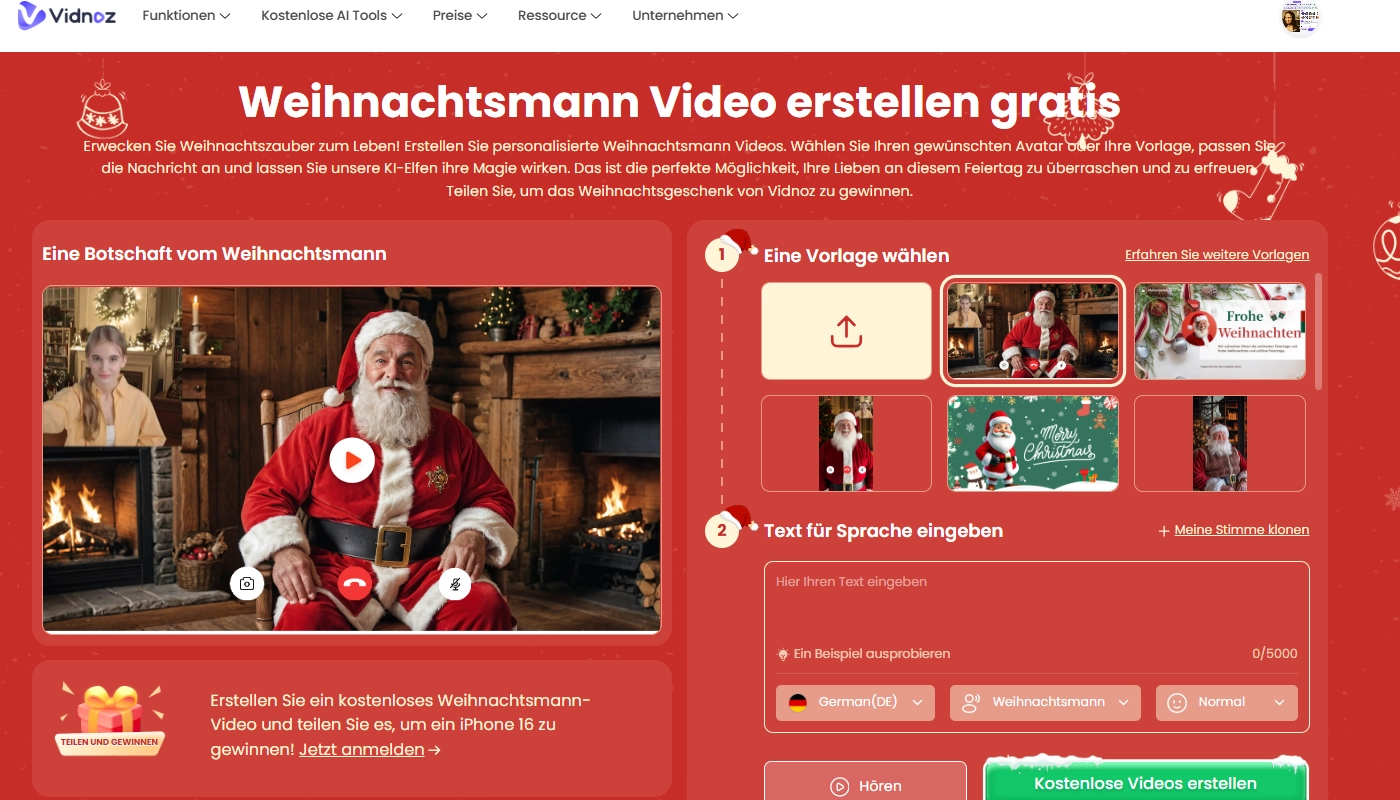 Vidnoz AI - Weihnachtsmann Video erstellen