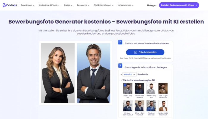 Vidnoz AI Bewerbungsfoto Generator