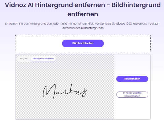 Vidnoz AI Unterschrifthintergrund-Remover: 100% kostenlos und schnell