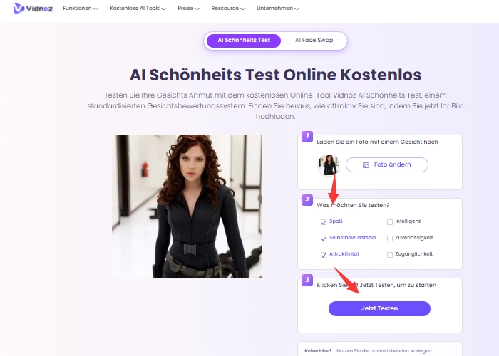 Vidnoz AI Schoenheitstest schritt