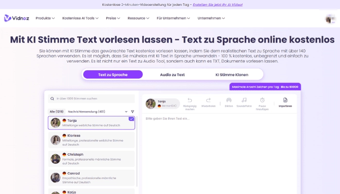 Vidnoz Text zu Sprache umwandeln