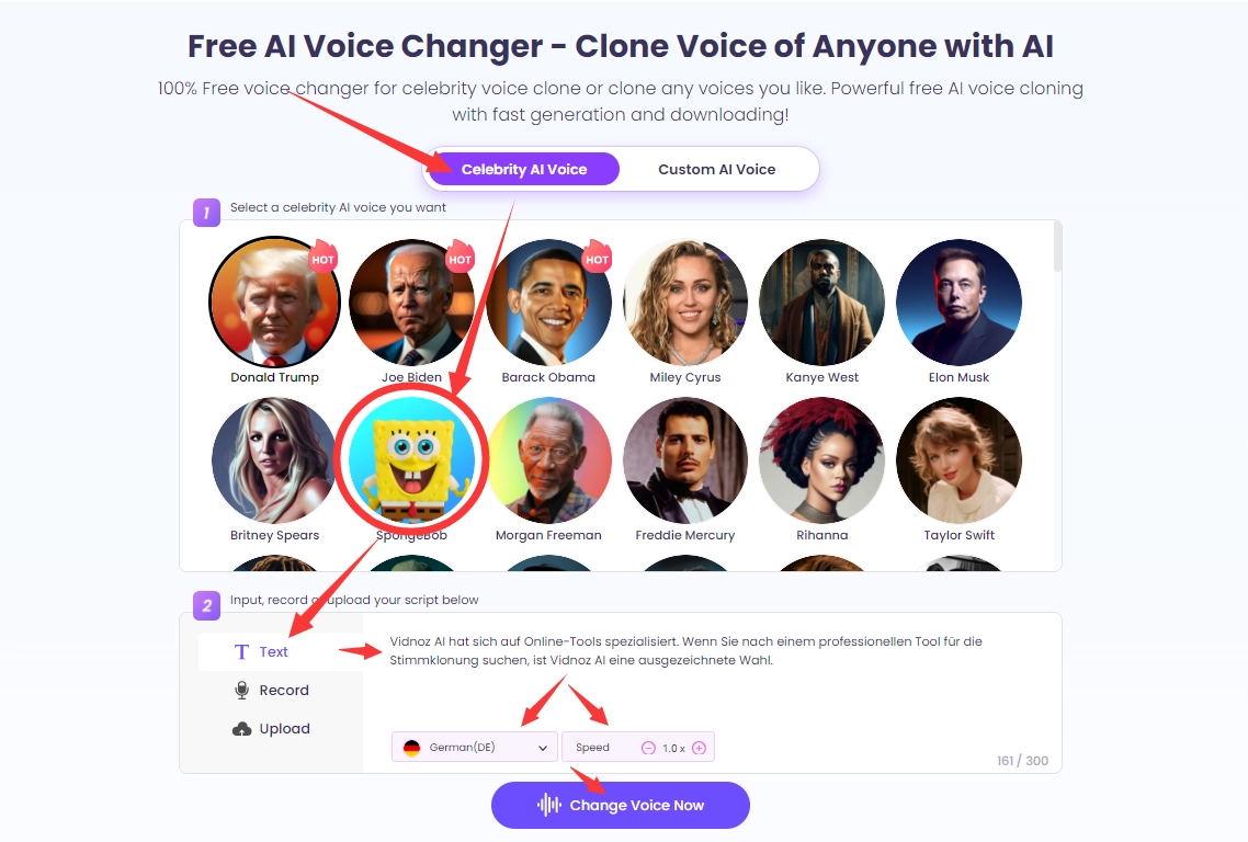 Vidnoz Voice Clone Nutzungschritte