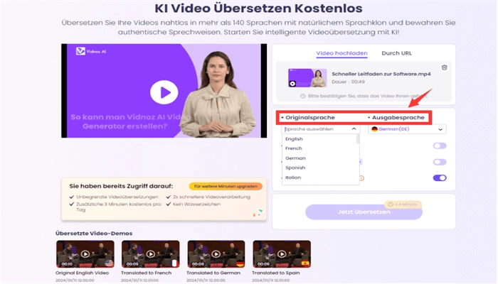 Waehlen Sie die Originalsprache des Videos und die Ausgabesprache aus