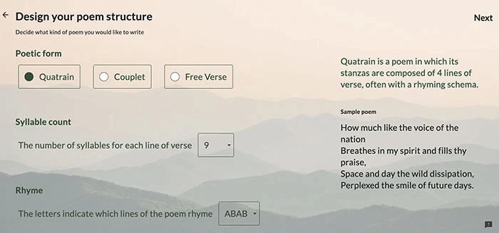 Waehlen Sie Ihre poetische Form Silbenzahl und Reim im Googles AI Poem Generator