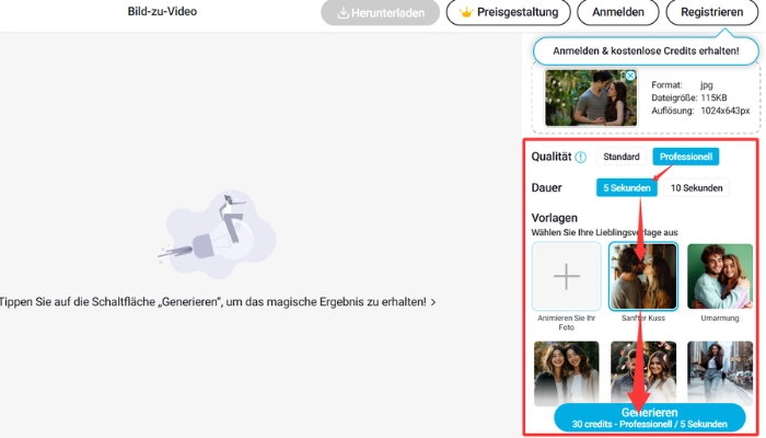 YouCam Online Editor ki kuss video generator schritt