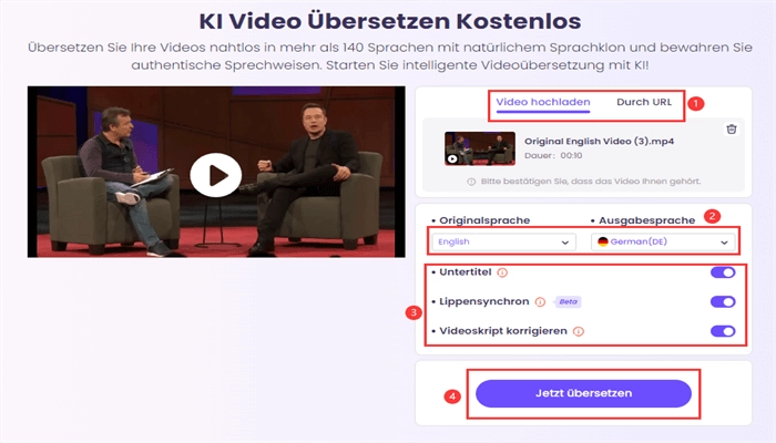 youtube video uebersetzen mit vidnoz ai video uebersetzer 2